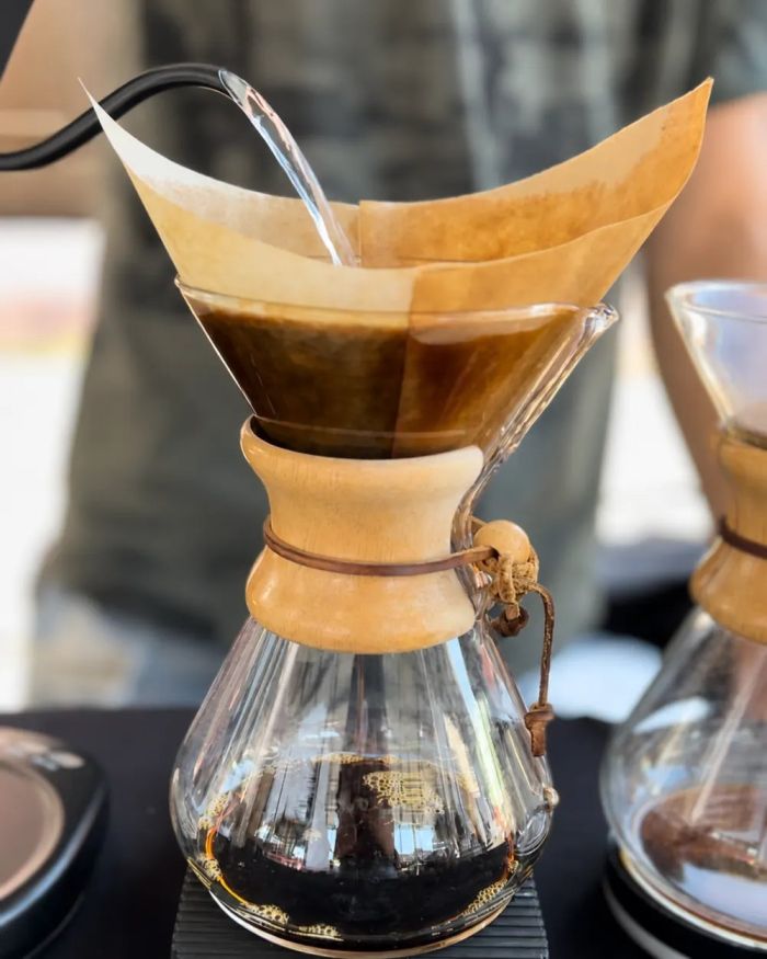 Pour over coffee brewing in a Chemex