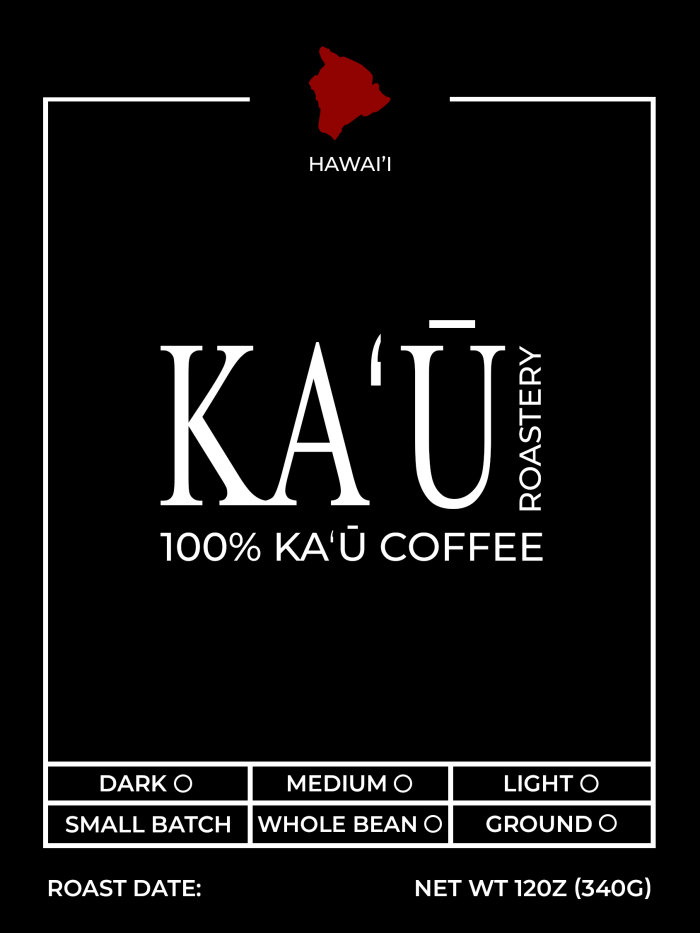 Front of the Kaʻū Roastery bag